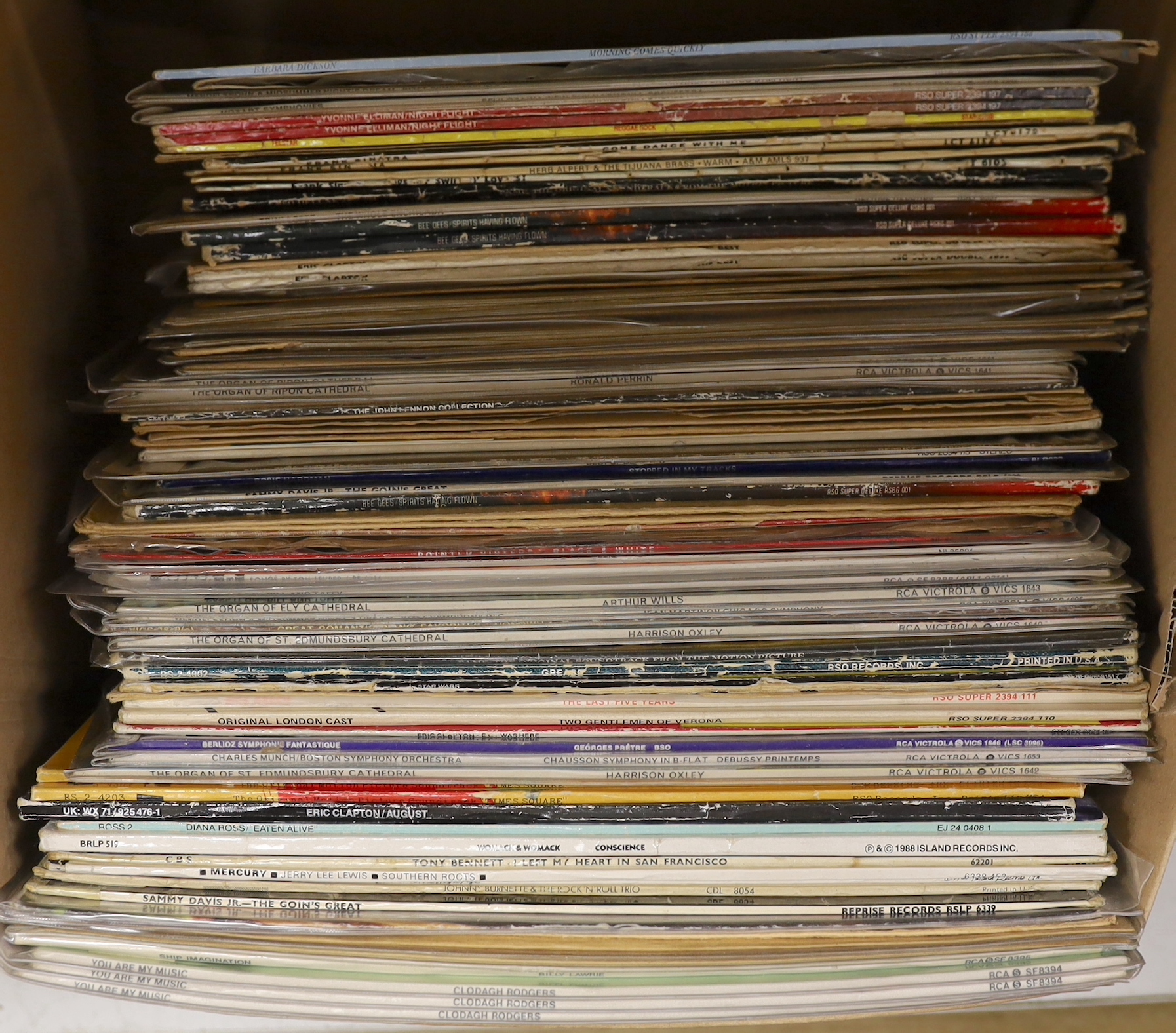 Approximately seventy LP record albums by artists including; Frank Sinatra, Herb Alpert, the Bee Gees, Eric Clapton, John Lennon, Ella Fitzgerald, etc. some albums not in original covers, most albums ex-BBC Gramophone Li